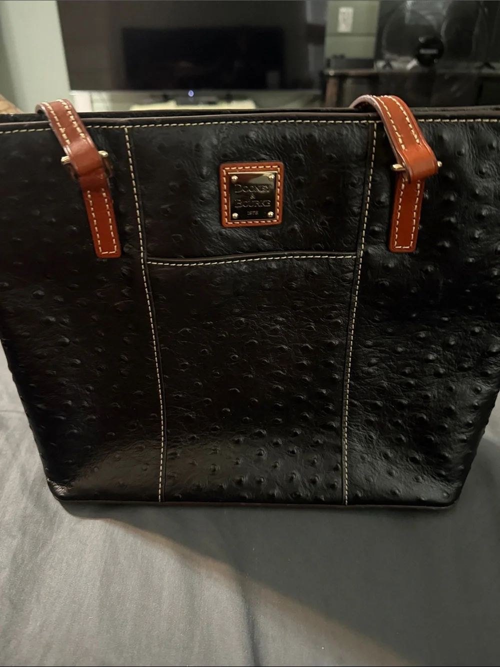 Dooney & Bourke Black Ostrich-Embossed Tote with Brown Handles